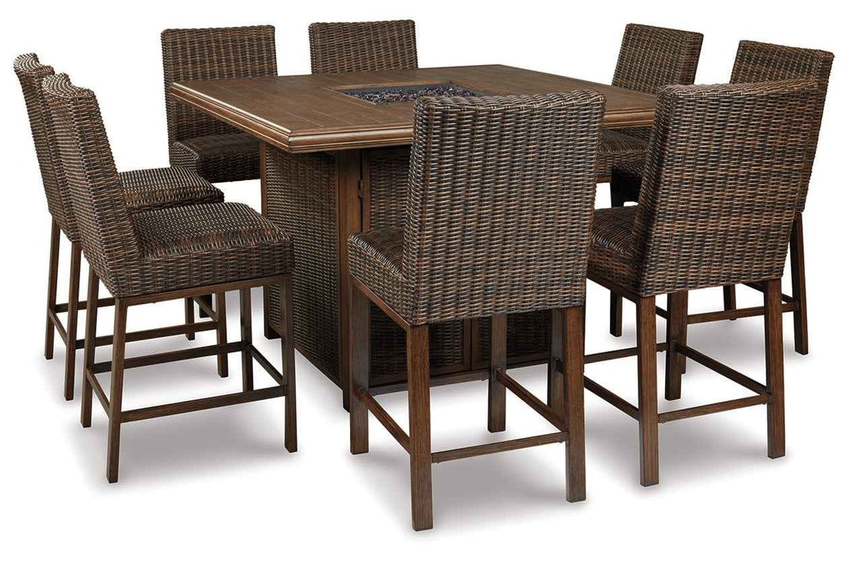 Paradise Trail Medium Brown Outdoor Counter Height Dining Table with 6 Barstools by Ashley at Eve Furniture