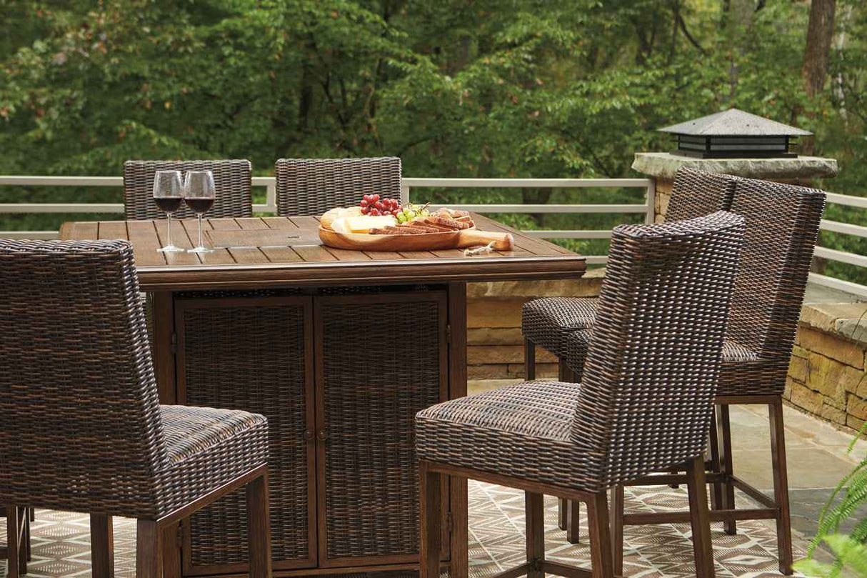 Paradise Trail Medium Brown Outdoor Counter Height Dining Table with 6 Barstools by Ashley at Eve Furniture