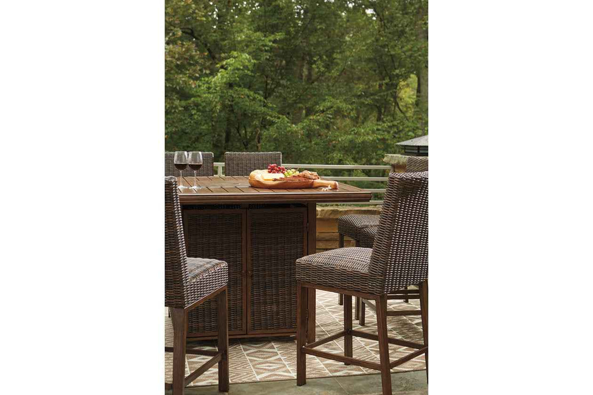 Paradise Trail Medium Brown Outdoor Counter Height Dining Table with 6 Barstools by Ashley at Eve Furniture
