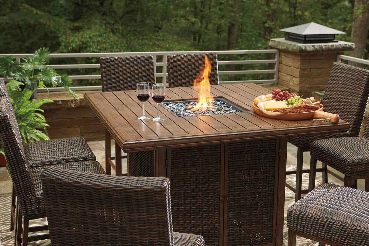 Paradise Trail Medium Brown Outdoor Counter Height Dining Table with 6 Barstools by Ashley at Eve Furniture