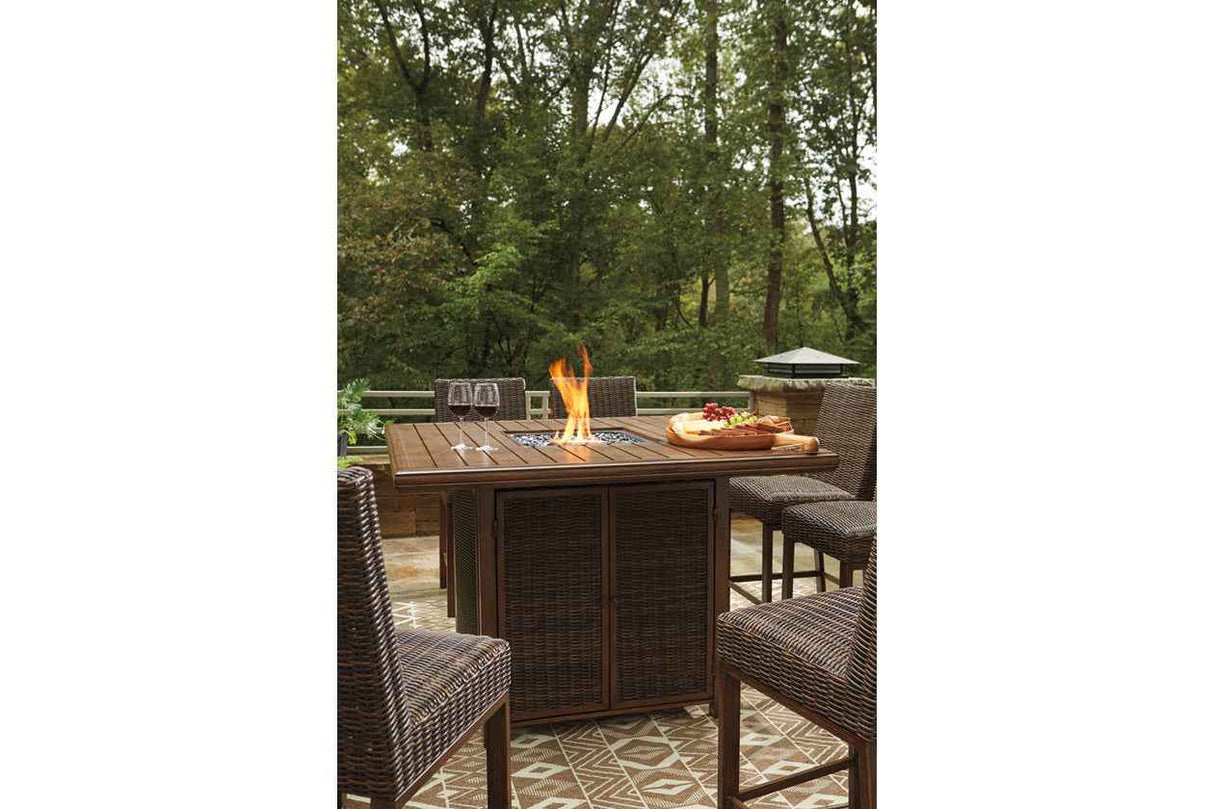 Paradise Trail Medium Brown Outdoor Counter Height Dining Table with 6 Barstools by Ashley at Eve Furniture