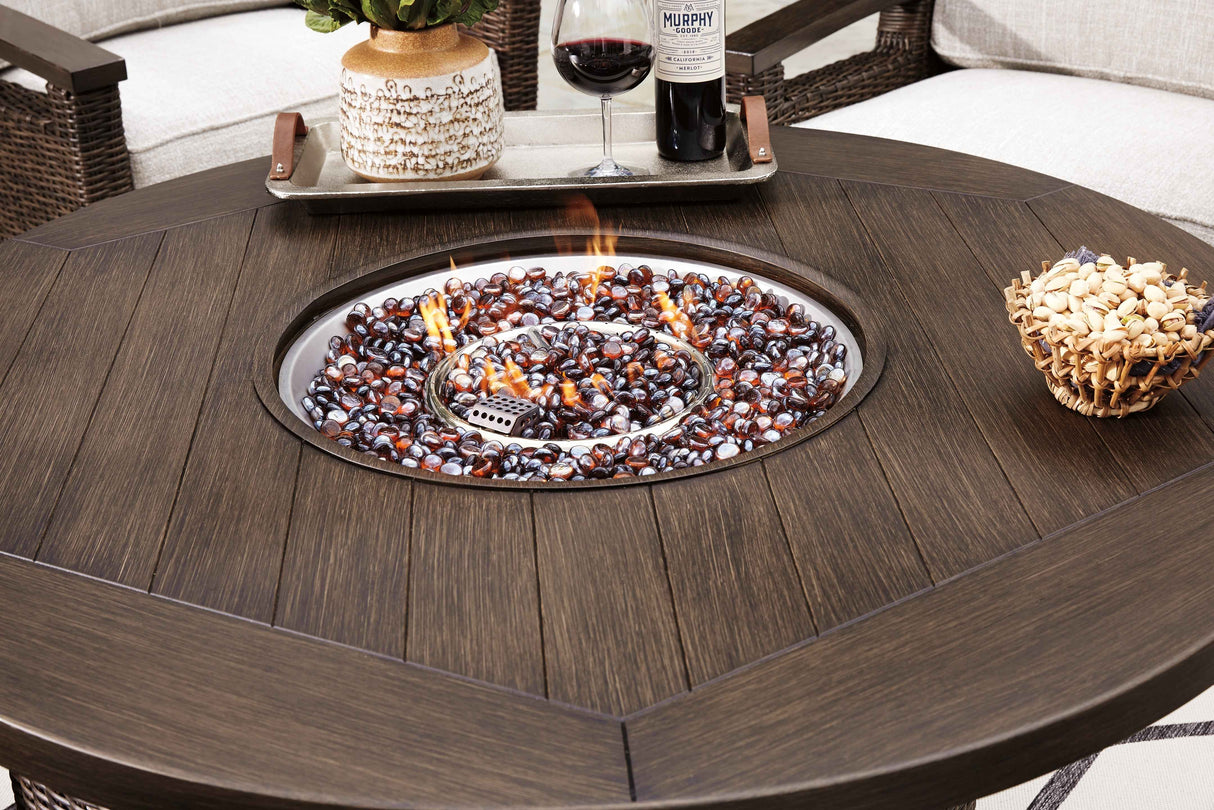 Paradise Trail Medium Brown Outdoor Fire Pit Table with 4 Lounge Chairs by Ashley at Eve Furniture