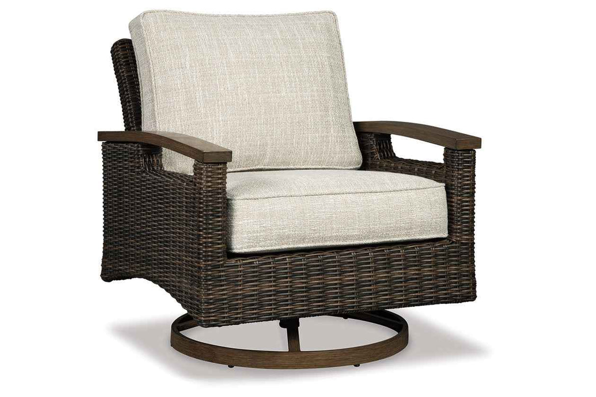 Paradise Trail Medium Brown Outdoor Fire Pit Table with 4 Lounge Chairs by Ashley at Eve Furniture