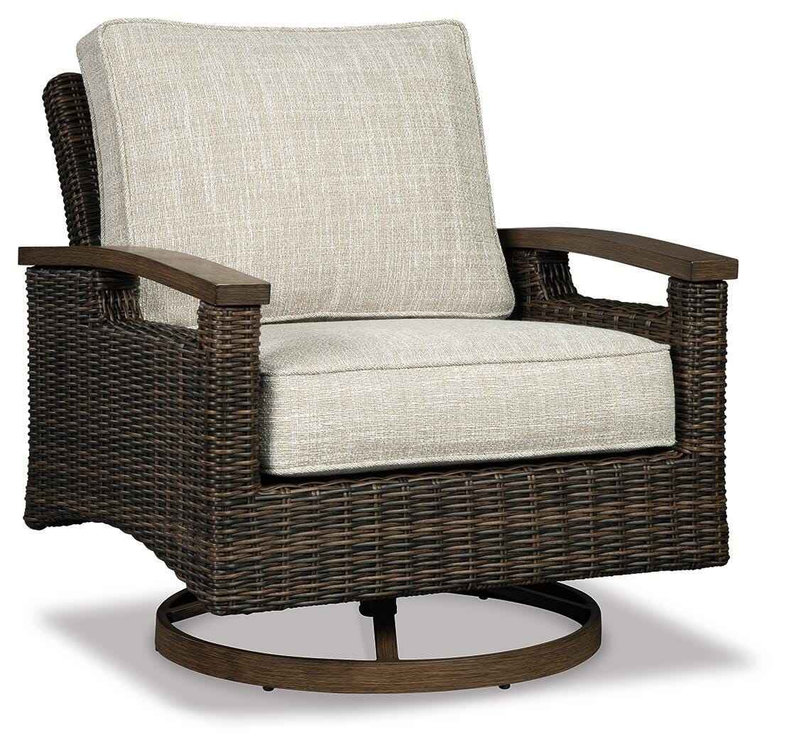 Paradise Trail Medium Brown Outdoor Fire Pit Table with 4 Lounge Chairs by Ashley at Eve Furniture