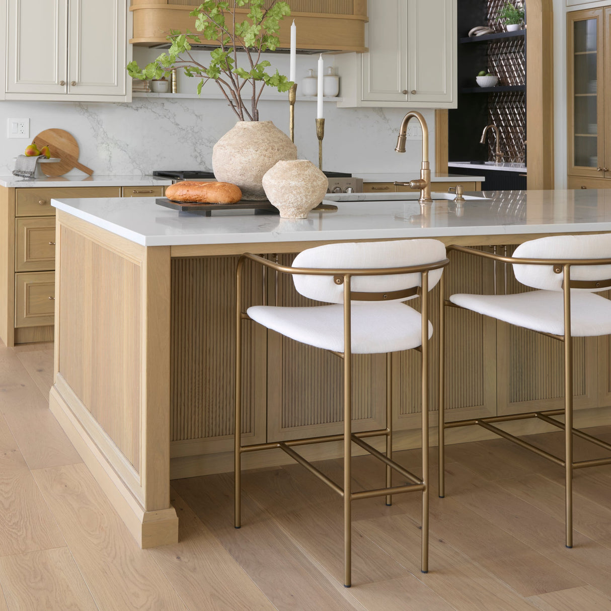 Parker Cream Fabric Seat Gold Metal Counter Stool by Mercana at Eve Furniture