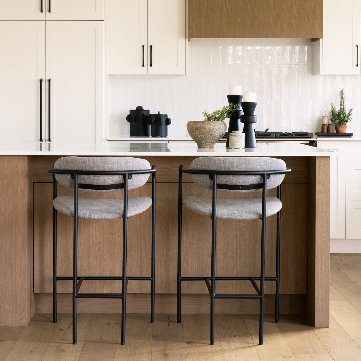 Parker Gray Fabric Seat Black Metal Counter Stool by Mercana at Eve Furniture