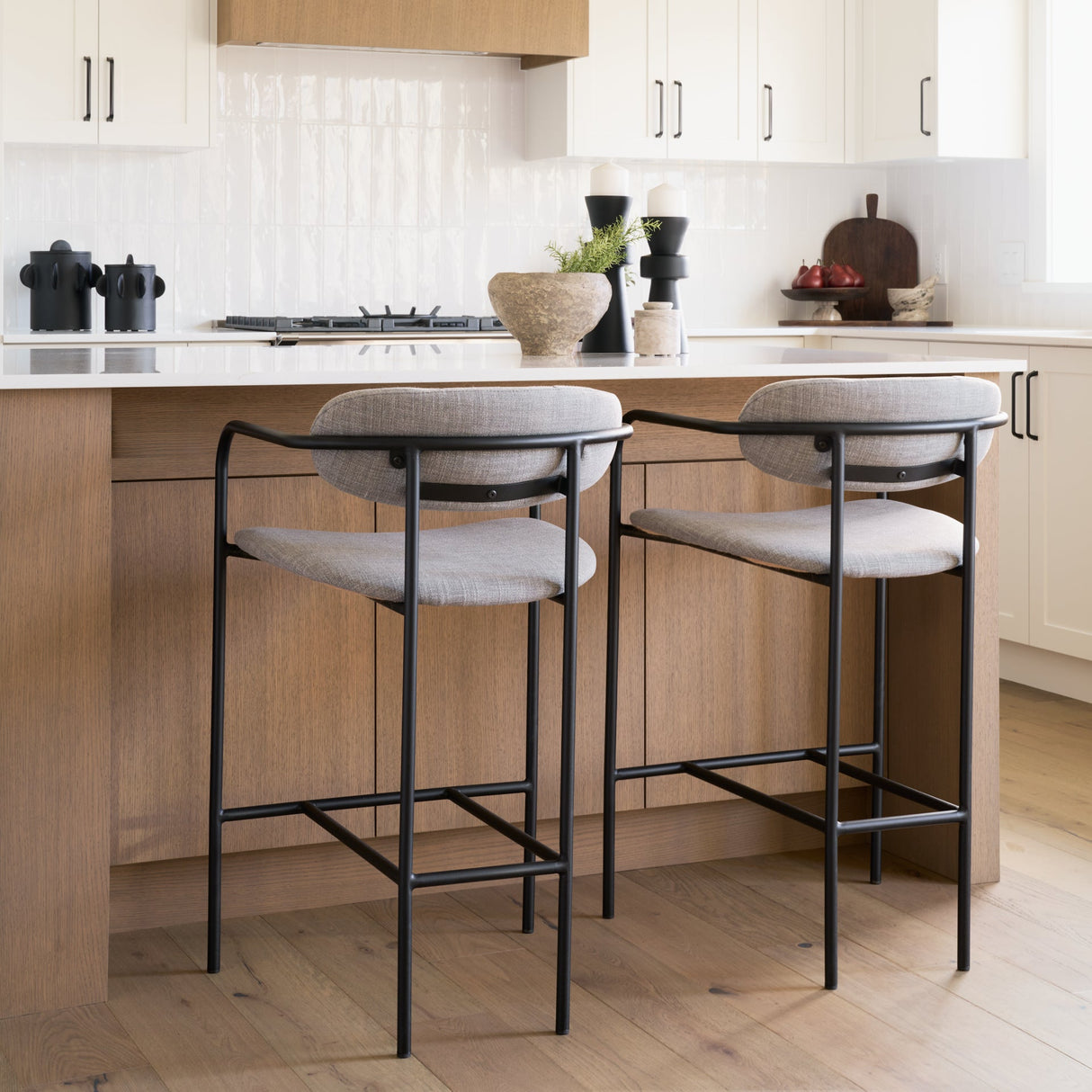 Parker Gray Fabric Seat Black Metal Counter Stool by Mercana at Eve Furniture