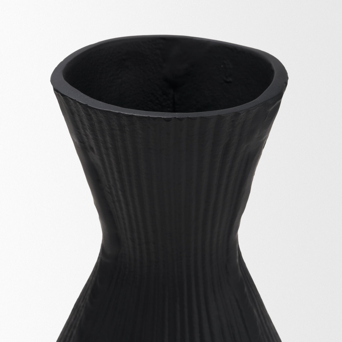 Patine Matte Black Metal Fluted Hourglass Decorative Vase by Mercana at Eve Furniture