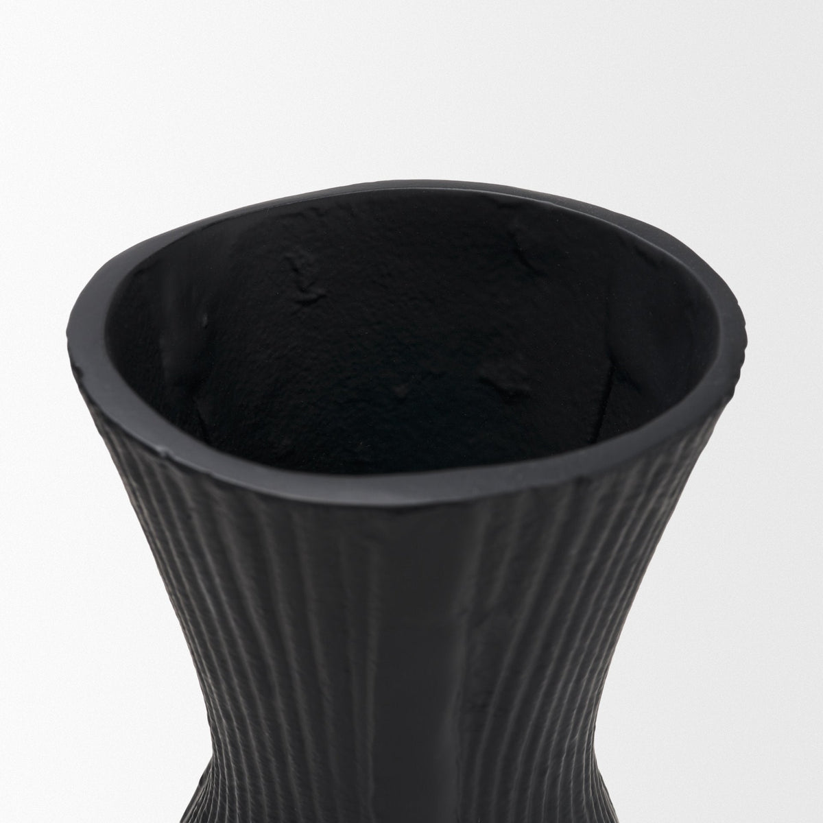 Patine Matte Black Metal Fluted Hourglass Decorative Vase by Mercana at Eve Furniture