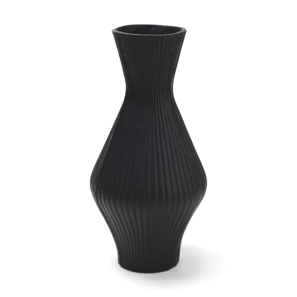 Patine Matte Black Metal Fluted Hourglass Decorative Vase by Mercana at Eve Furniture