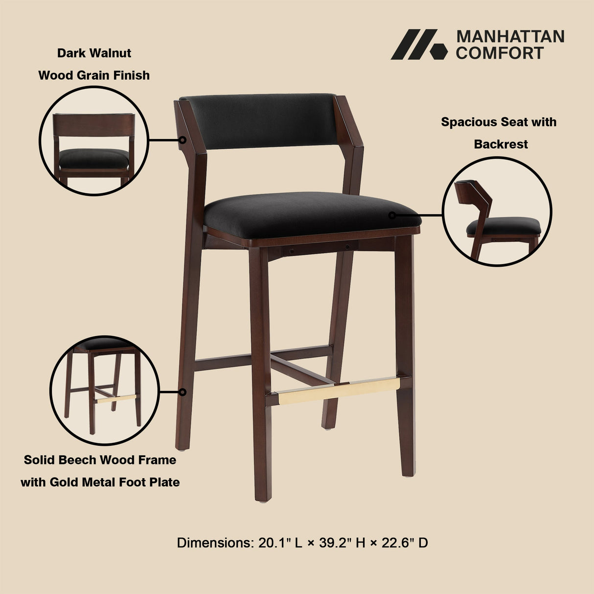 Patricia Barstool in Black (set of 3) by Manhattan Comfort at Eve Furniture