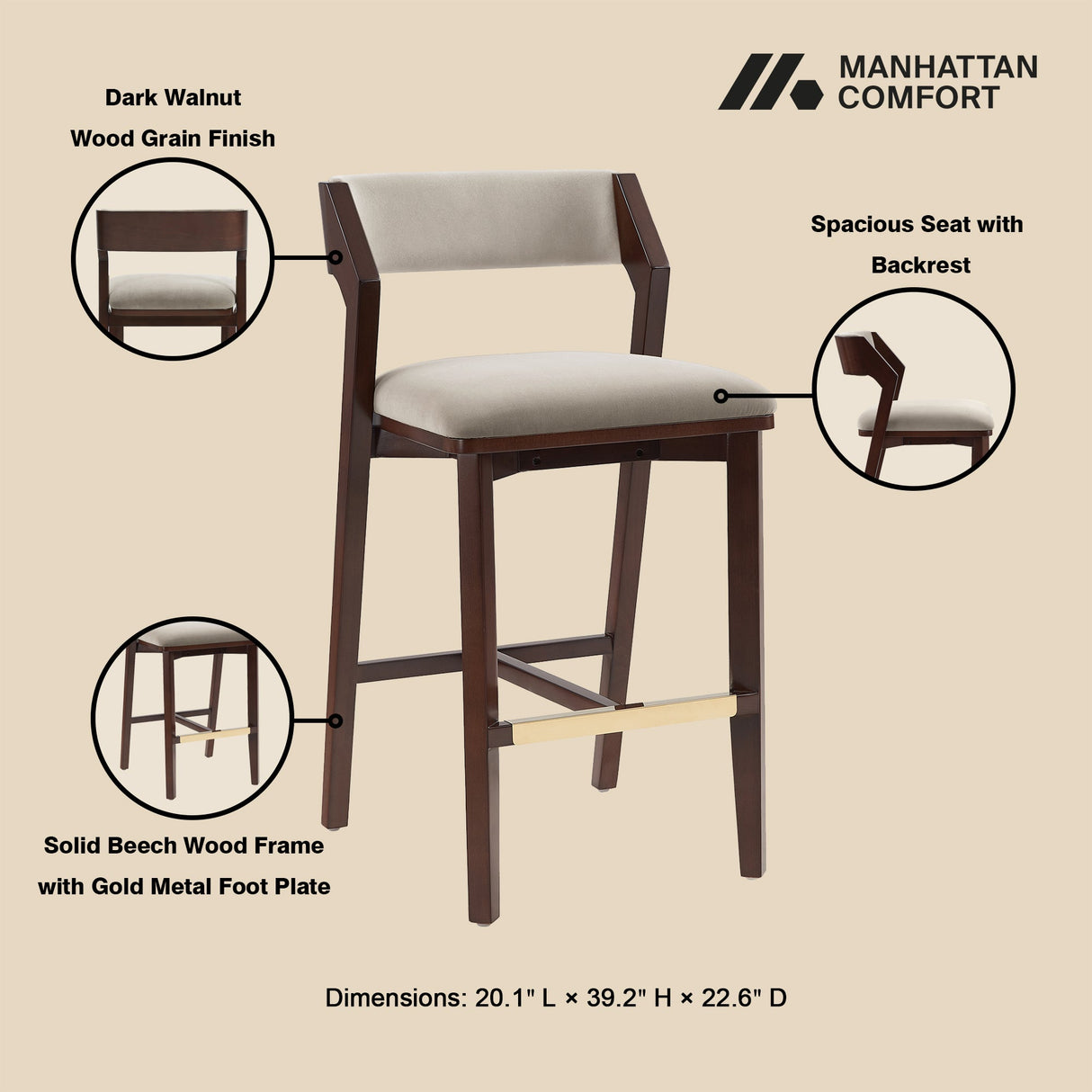 Patricia Barstool in Linen by Manhattan Comfort at Eve Furniture