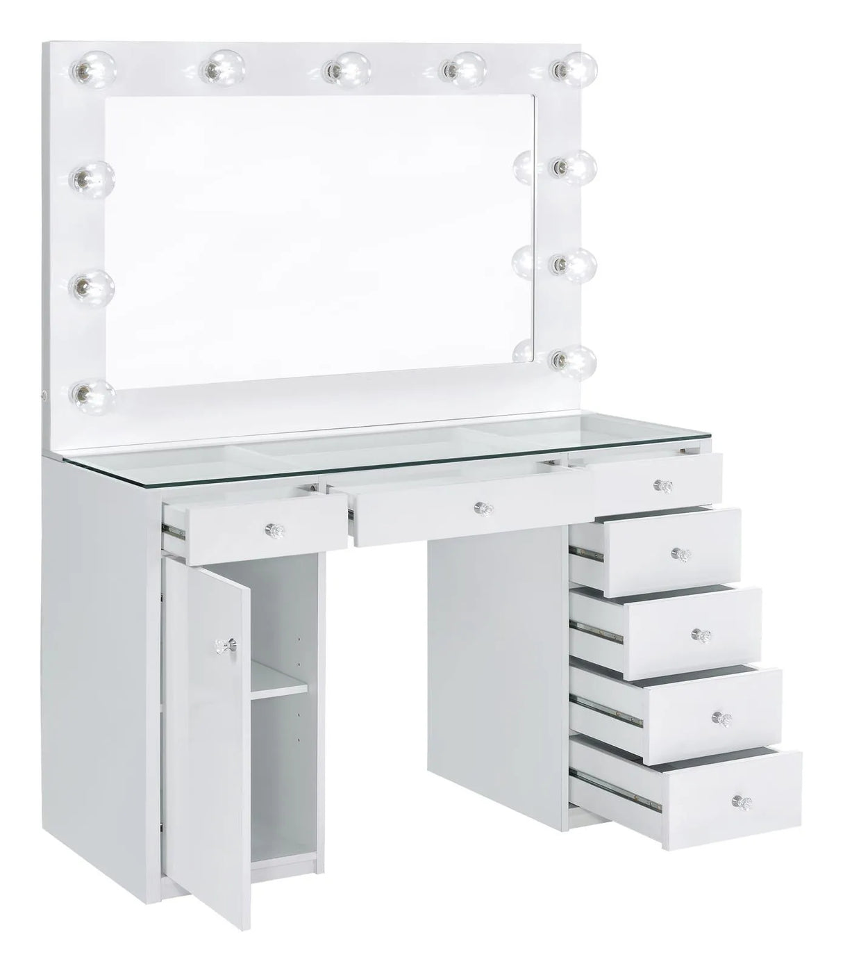 Percy White 7-Drawer Glass Top Vanity Desk with Lighting by Coaster at Eve Furniture