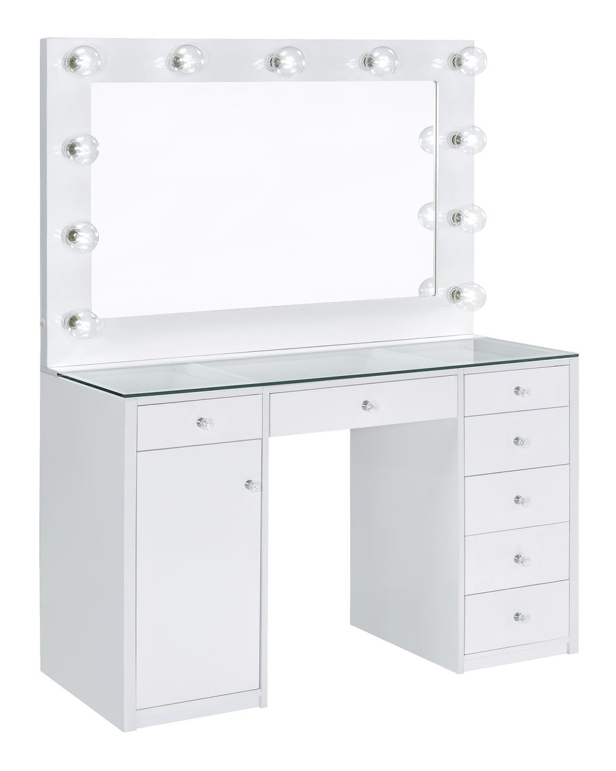 Percy White 7-Drawer Glass Top Vanity Desk with Lighting by Coaster at Eve Furniture