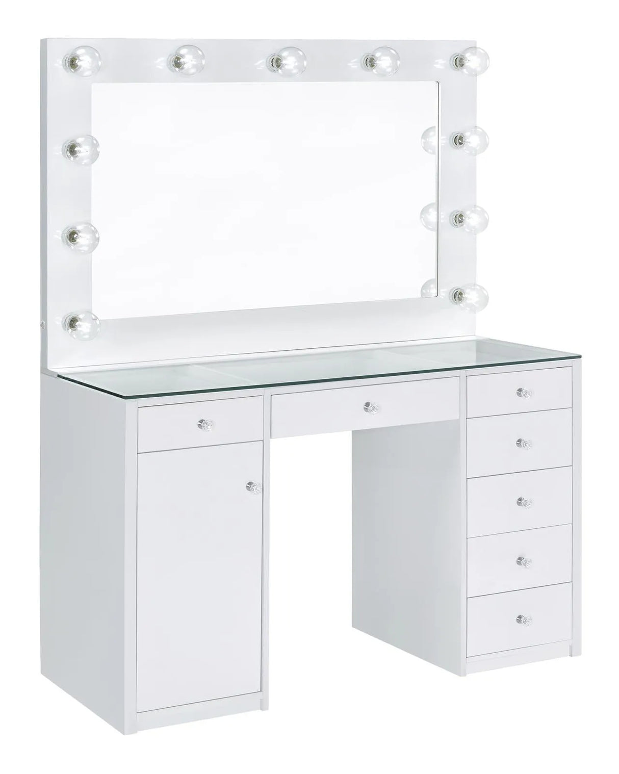 Percy White 7-Drawer Glass Top Vanity Desk with Lighting by Coaster at Eve Furniture