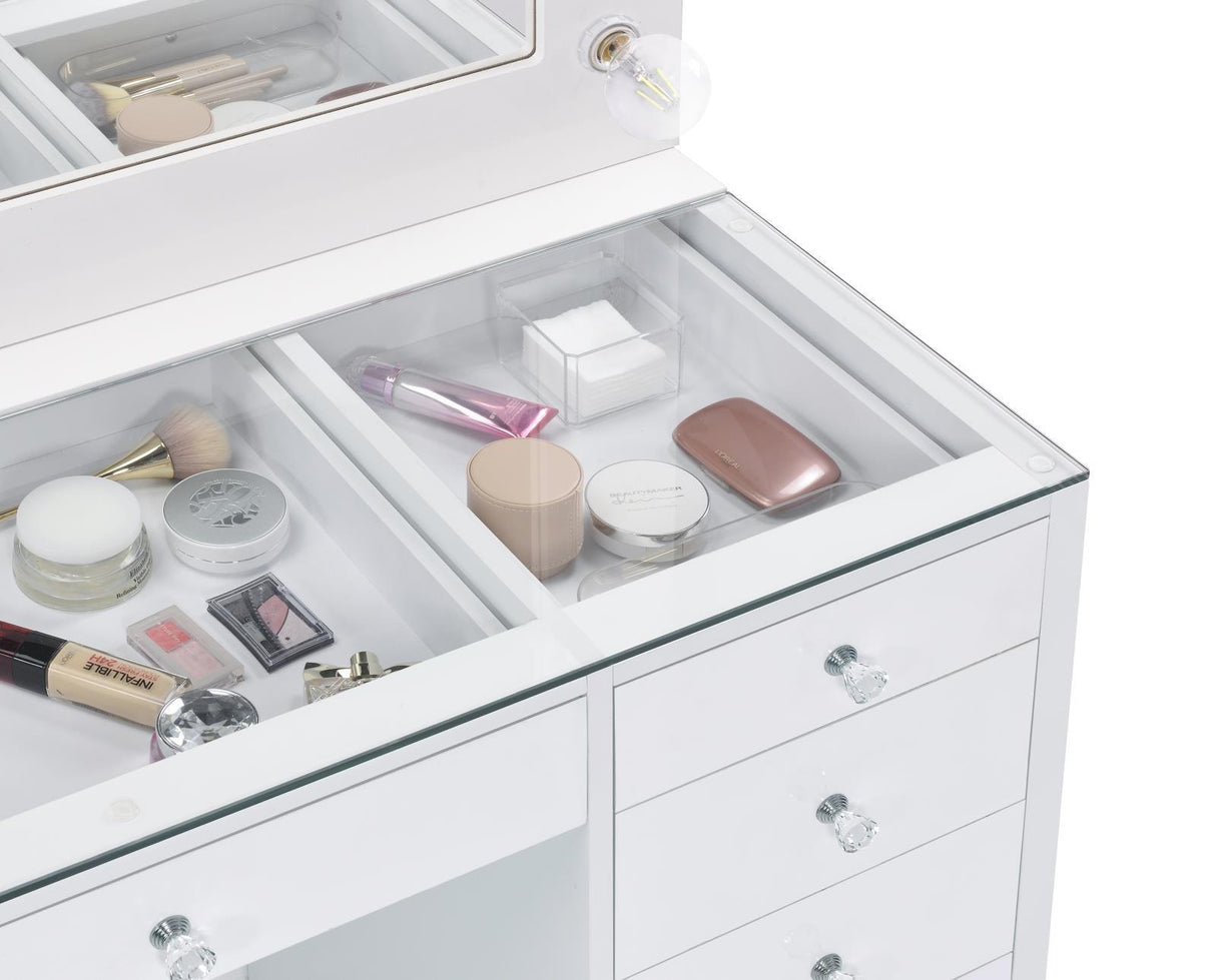 Percy White 7-Drawer Glass Top Vanity Desk with Lighting by Coaster at Eve Furniture
