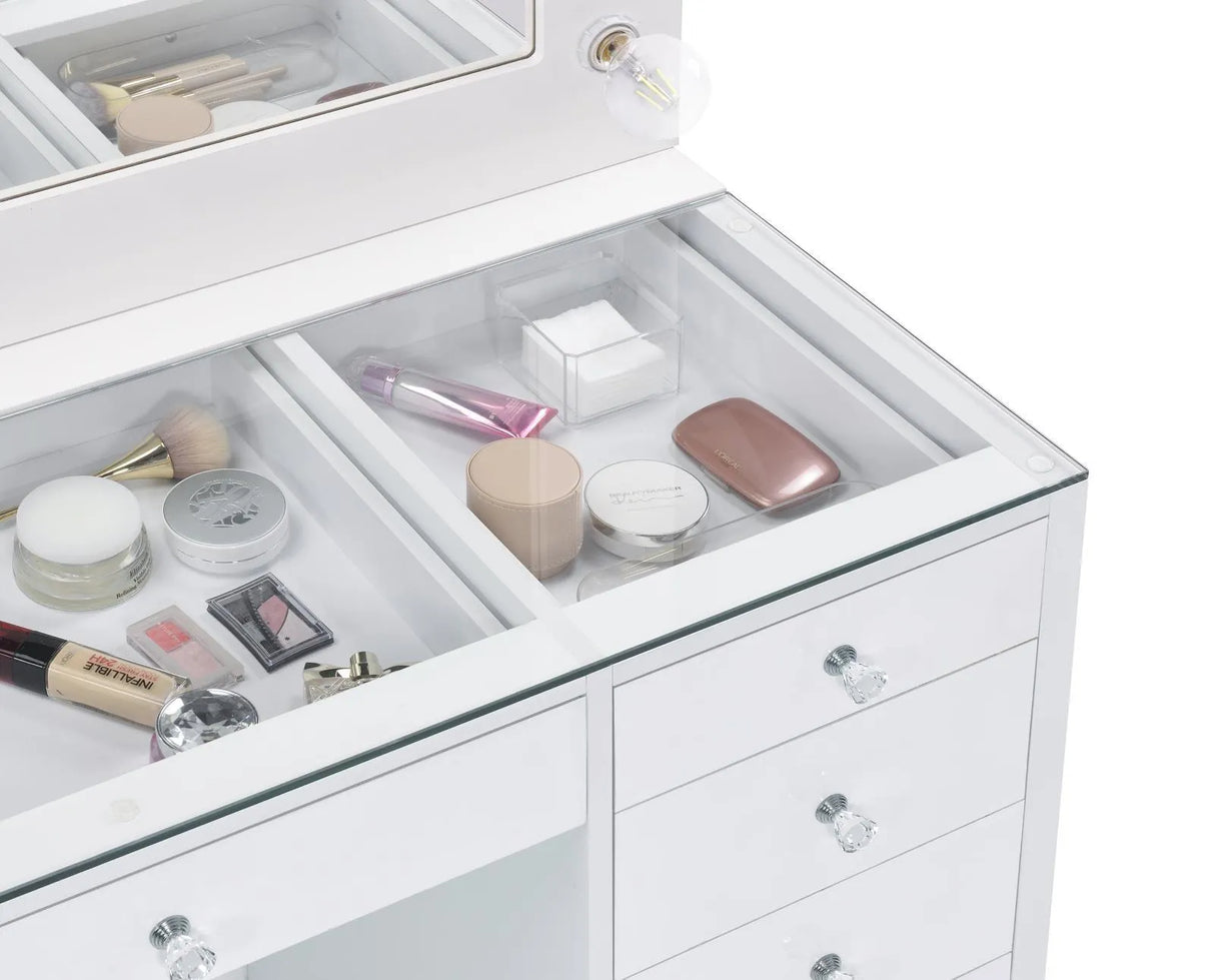 Percy White 7-Drawer Glass Top Vanity Desk with Lighting by Coaster at Eve Furniture