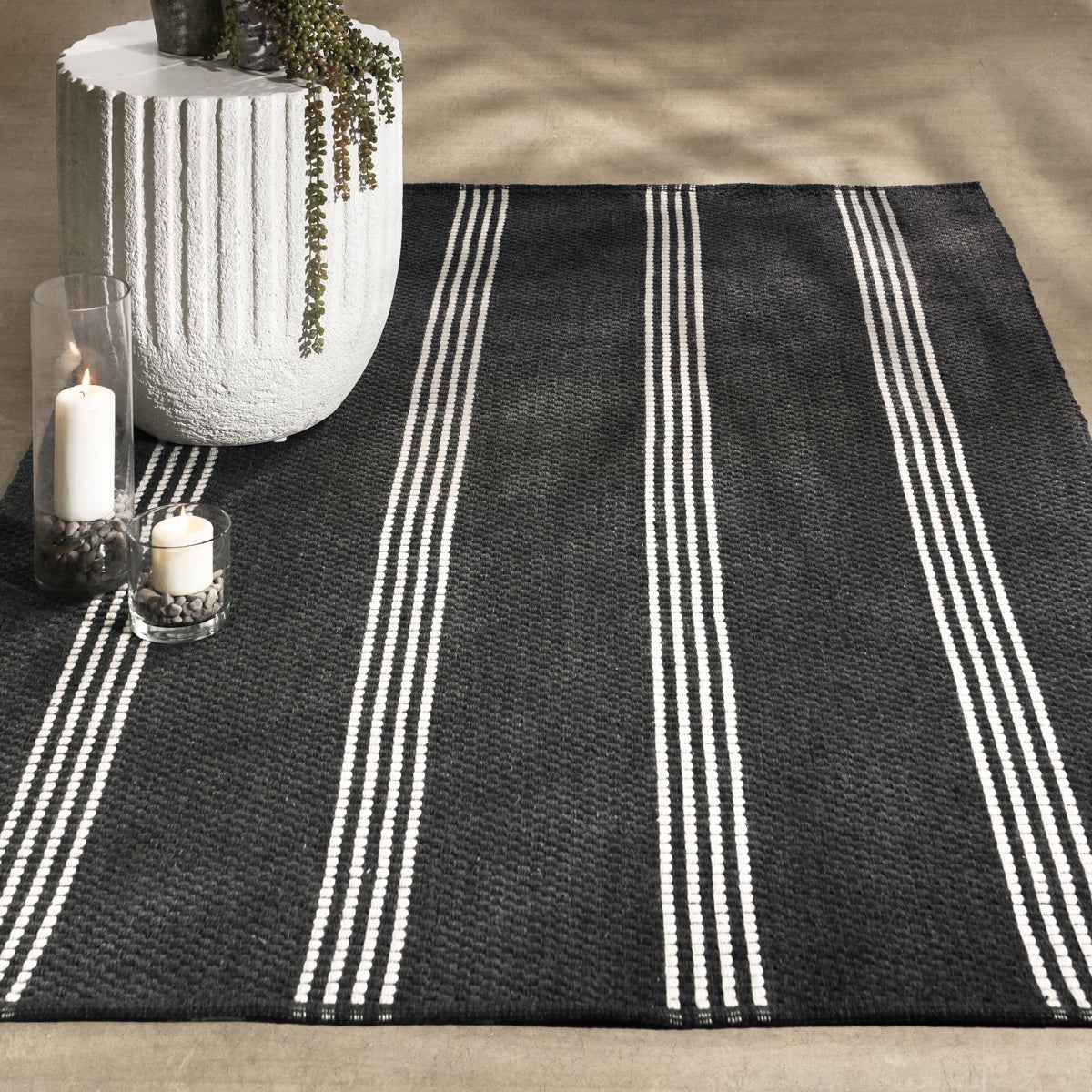 Performance Sorrento Charcoal/Ivory Stripe Rug by Classic Home at Eve Furniture