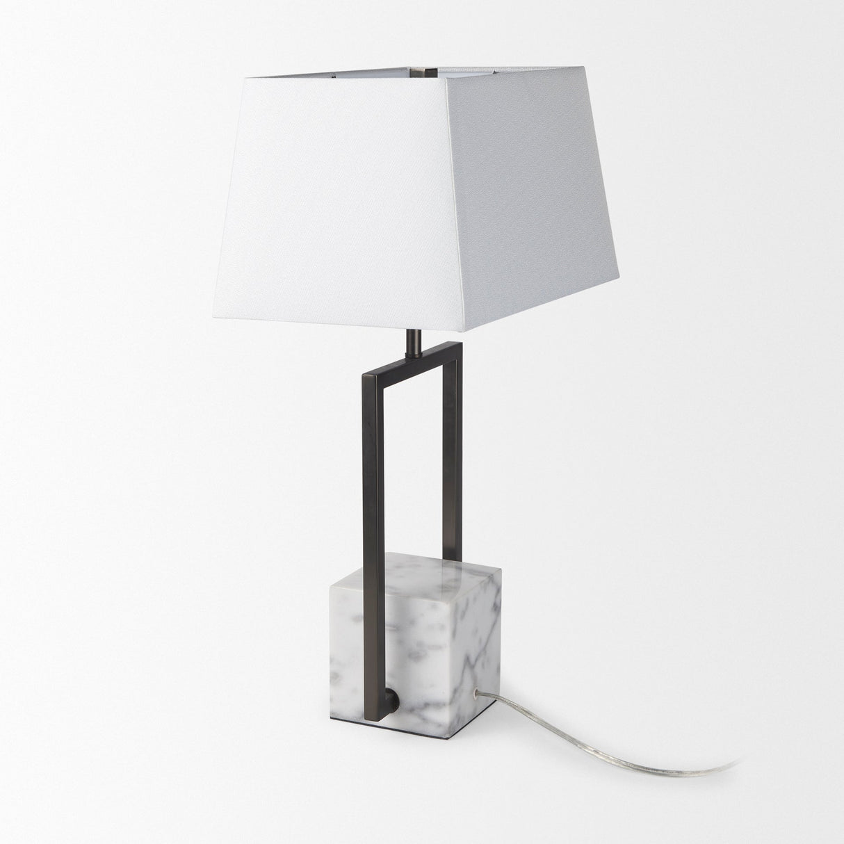 Peyton 14.0L x 9.0W x 26.2H Black Metal W/Marble Cube and White Shade Table Lamp by Mercana at Eve Furniture