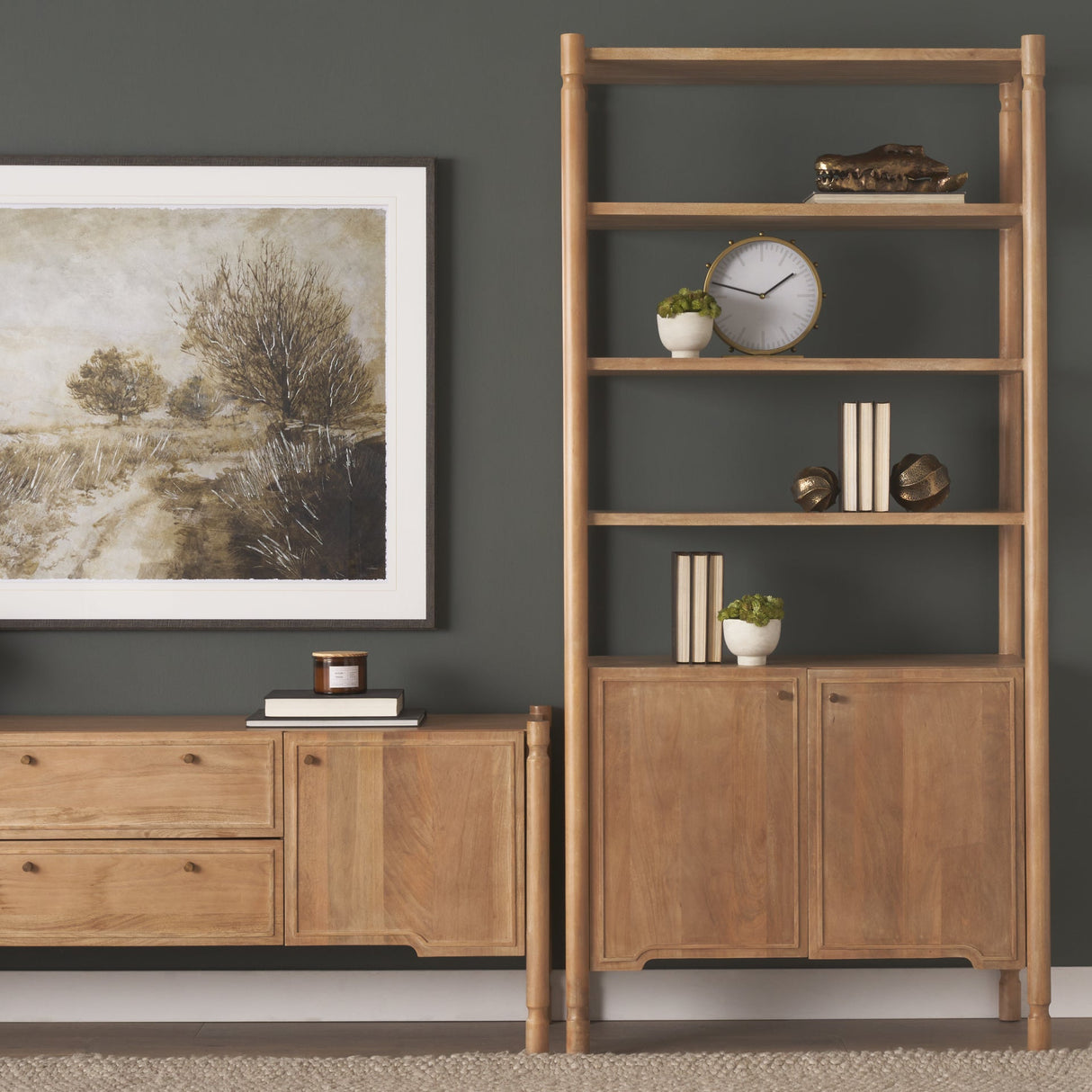 Phil Light Brown Wood 2 Door 3 Shelves Open Shelving Unit by Mercana at Eve Furniture