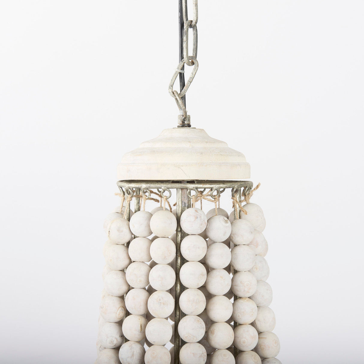 Phillum Silver Metal Chassis and White Wood Beaded Six Bulb Chandelier by Mercana at Eve Furniture