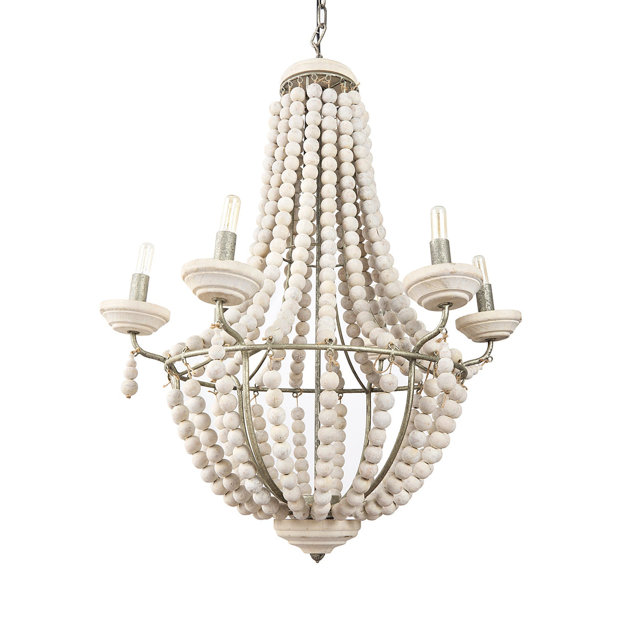 Phillum Silver Metal Chassis and White Wood Beaded Six Bulb Chandelier by Mercana at Eve Furniture
