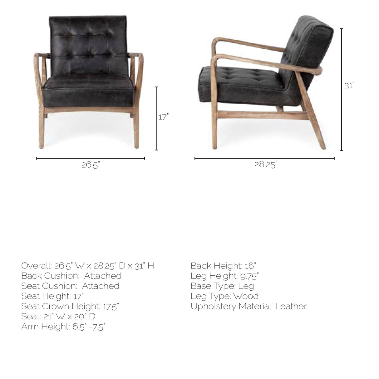 Phineas Black Leather W/ Brown Wooden Frame Accent Chair by Mercana at Eve Furniture
