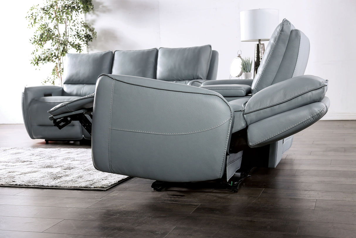 Phineas Pale Blue Top Grain Leather Match Power Reclining Sofa & Loveseat by Furniture of America at Eve Furniture