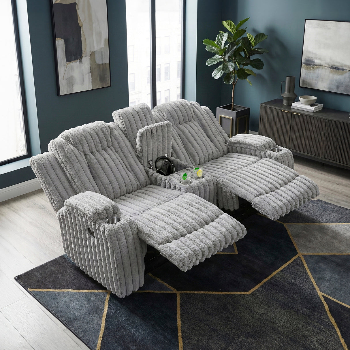 Phyllis Light Gray Double Reclining Loveseat with Center Console and Cup Holders by Homelegance at Eve Furniture