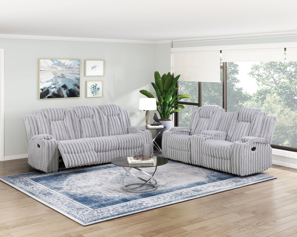 Phyllis Light Gray Double Reclining Sofa with Cup Holders by Homelegance at Eve Furniture