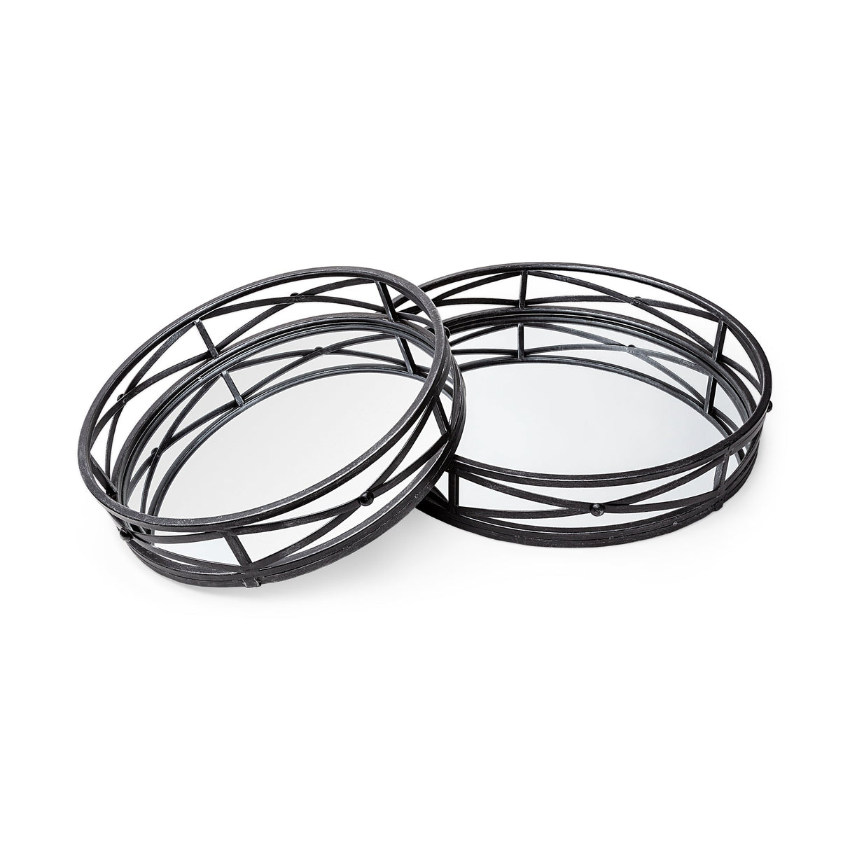 Piers (Set of 2) Black Metal Mirrored Round Trays by Mercana at Eve Furniture
