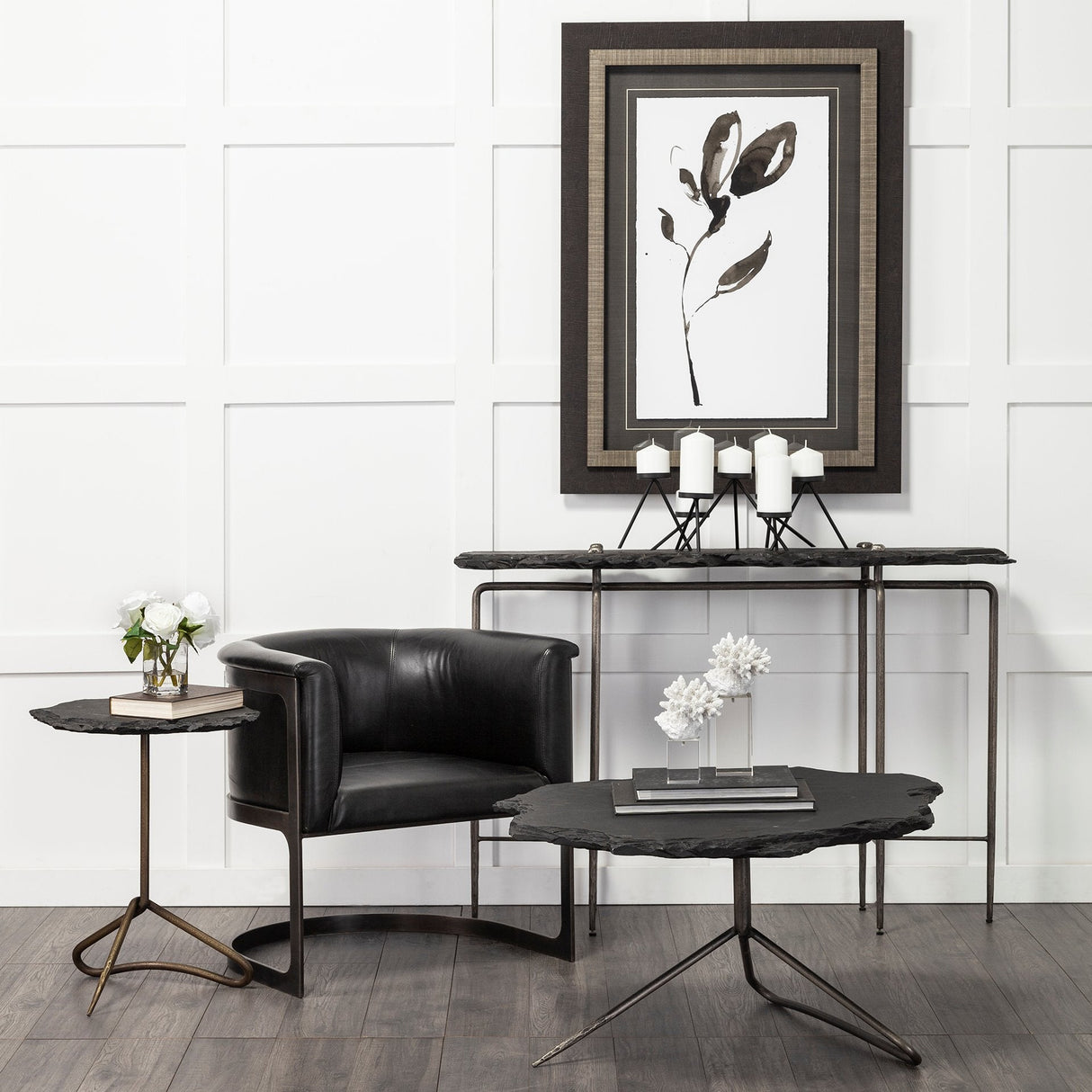 Pinera III 49L x 17W Black Slate W/Iron Base Console Table by Mercana at Eve Furniture
