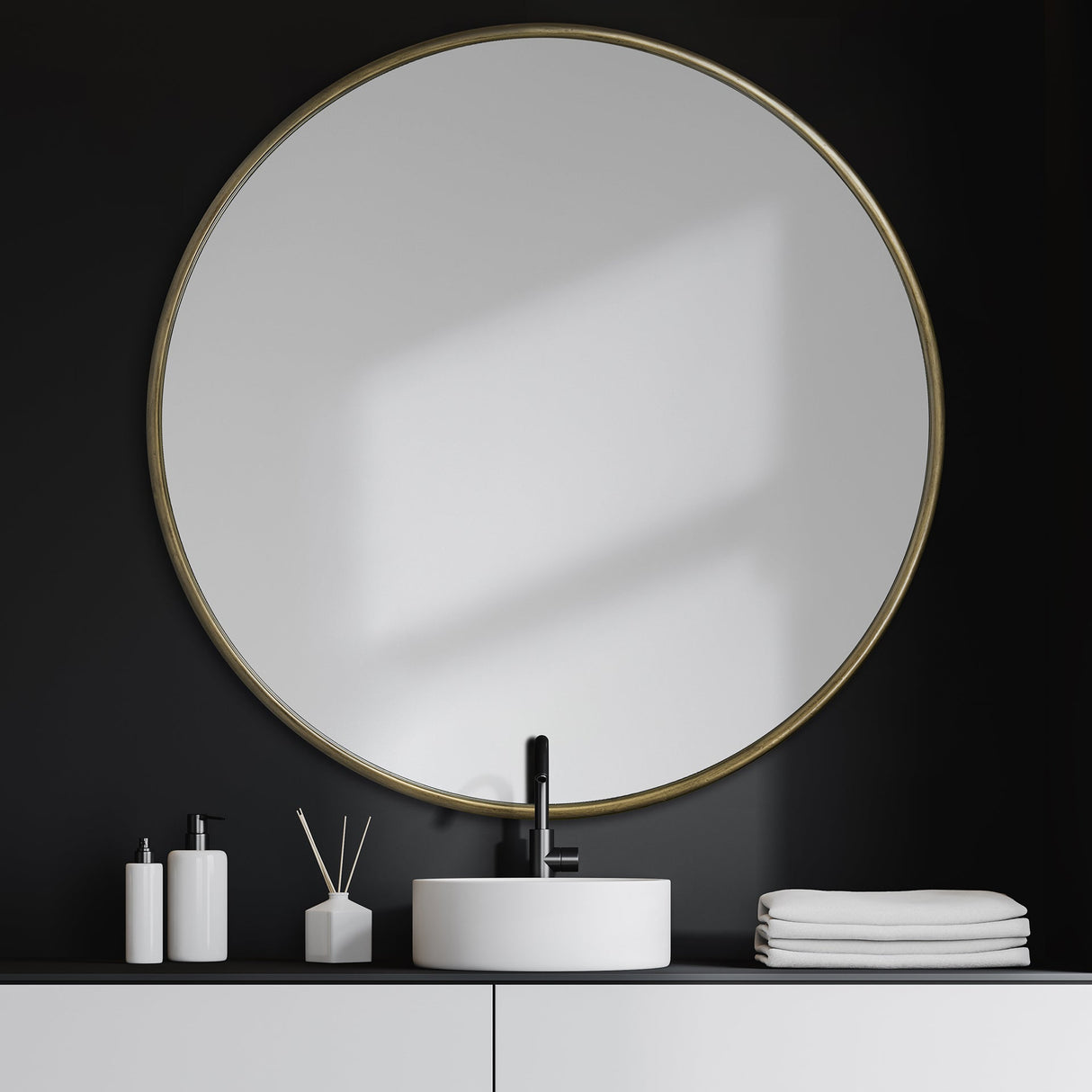 Piper Large Gold Metal Round Wall Mirror by Mercana at Eve Furniture