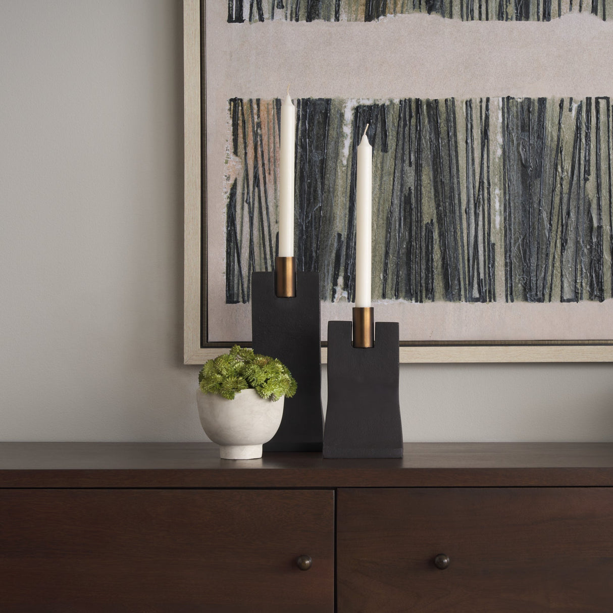 Polli Matte Black w/ Brushed Gold Metal Taper Candleholders (Set of 2) by Mercana at Eve Furniture