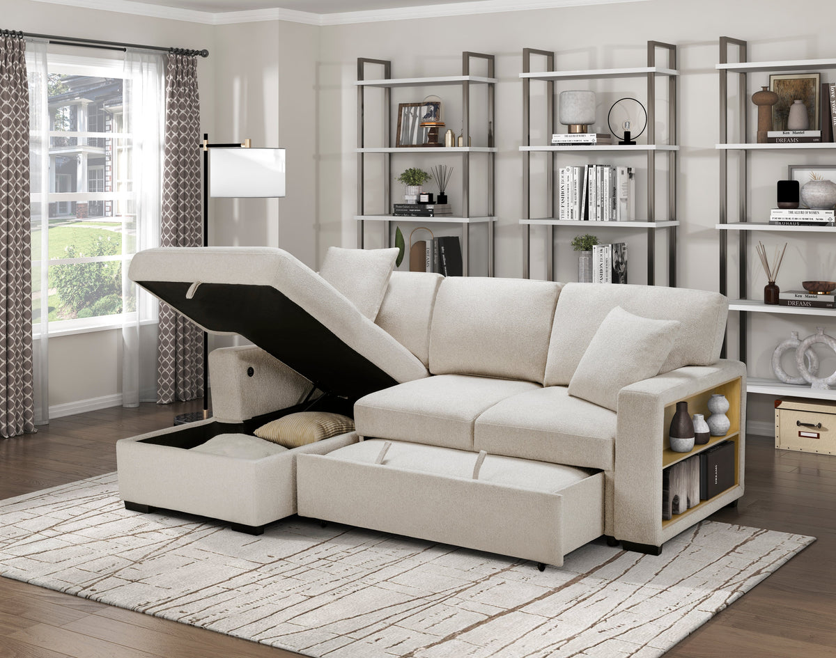 Pompano Beige 2-Piece Boucle Sectional with Left Chaise, Pull-out Bed and Hidden Storage by Homelegance at Eve Furniture