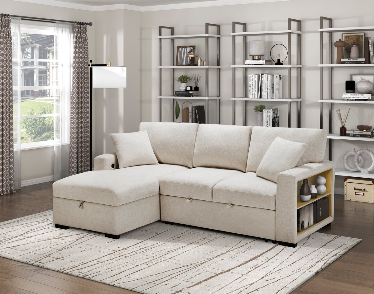 Pompano Beige 2-Piece Boucle Sectional with Left Chaise, Pull-out Bed and Hidden Storage by Homelegance at Eve Furniture