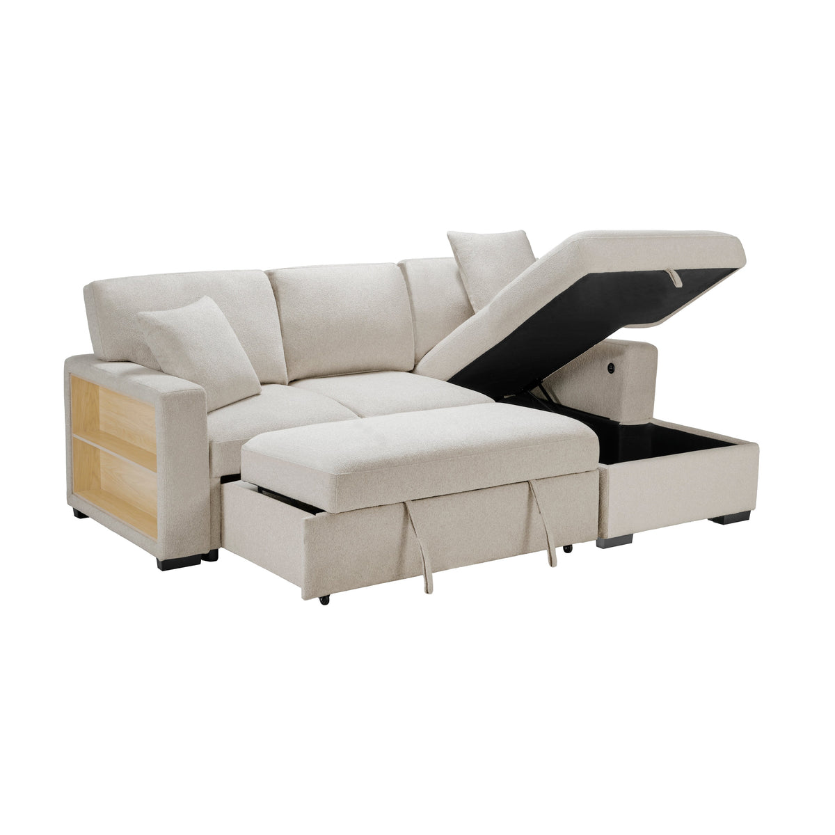 Pompano Beige 2-Piece Sectional with Right Chaise, Pull-out Bed and Hidden Storage, Charging Ports by Homelegance at Eve Furniture
