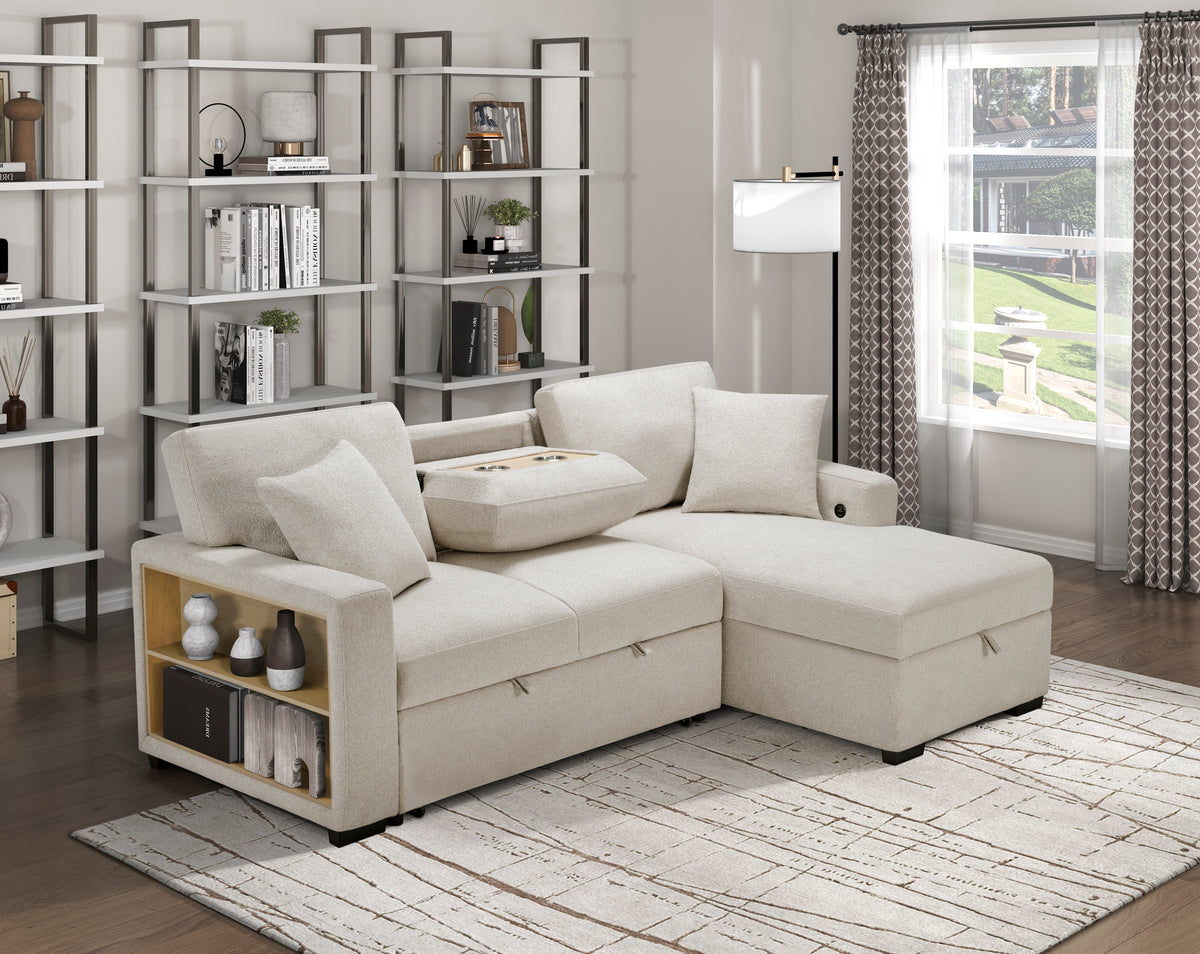 Pompano Beige 2-Piece Sectional with Right Chaise, Pull-out Bed and Hidden Storage, Charging Ports by Homelegance at Eve Furniture