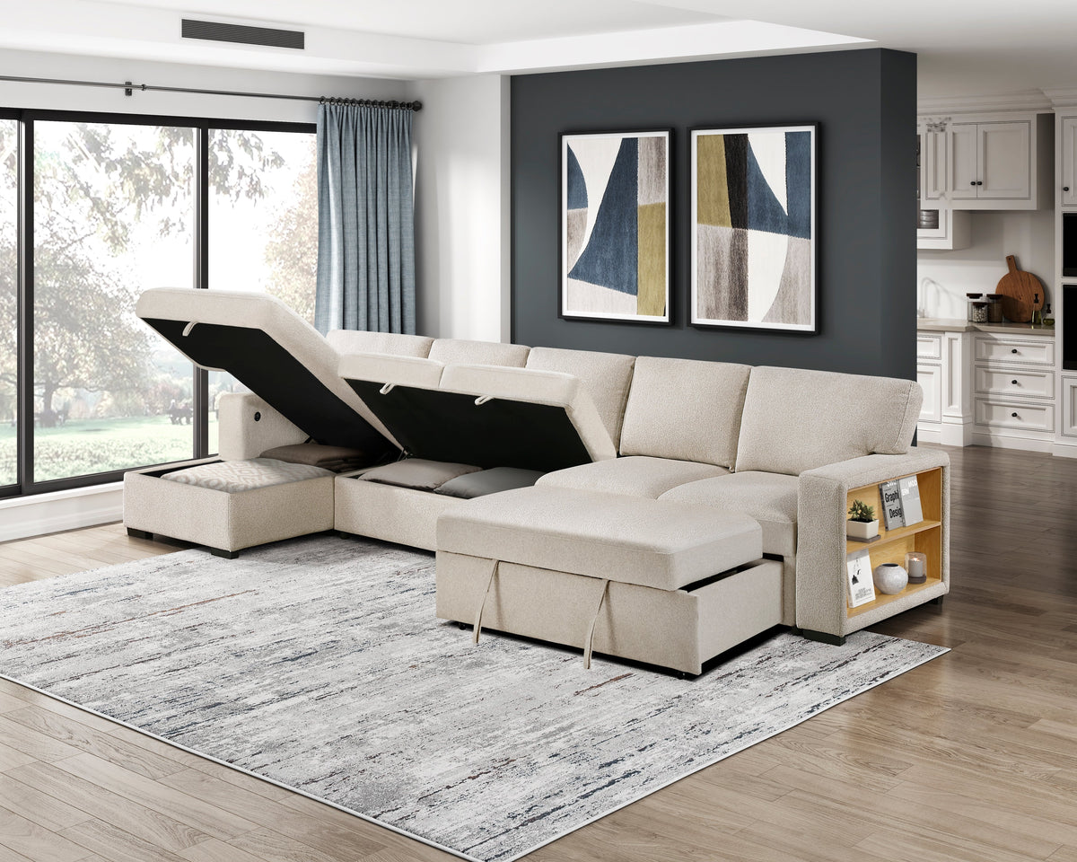 Pompano Beige 3-Piece Sectional with Left Chaise, Pull-out Bed and Hidden Storages, Charging Ports by Homelegance at Eve Furniture