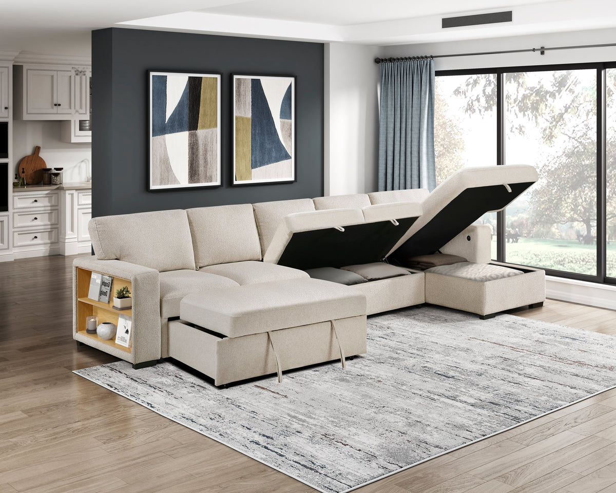 Pompano Beige 3-Piece Sectional with Right Chaise, Pull-out Bed and Hidden Storages, Charging Ports by Homelegance at Eve Furniture