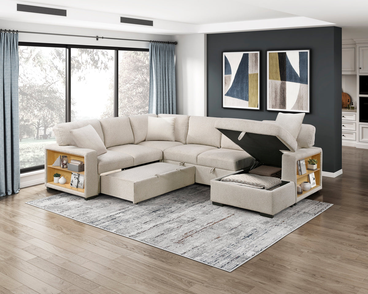 Pompano Beige 4-Piece Sectional with Left Chaise, Pull-out Bed and Hidden Storages, Charging Ports by Homelegance at Eve Furniture