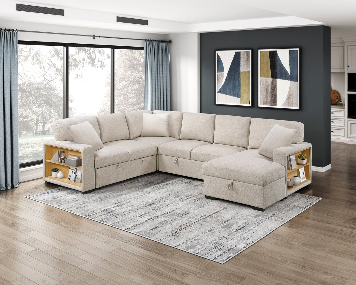 Pompano Beige 4-Piece Sectional with Left Chaise, Pull-out Bed and Hidden Storages, Charging Ports by Homelegance at Eve Furniture