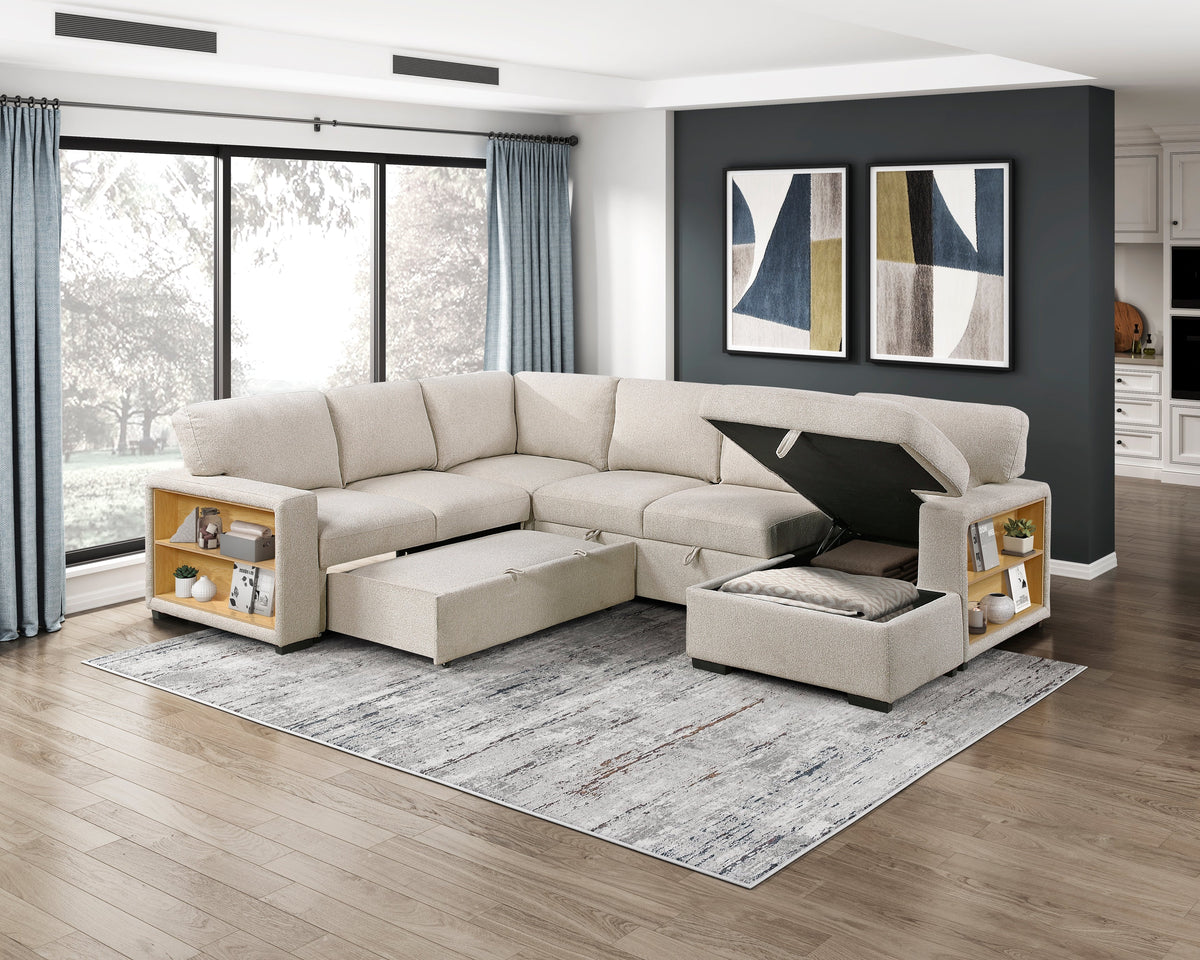Pompano Beige 4-Piece Sectional with Right Chaise, Pull-out Bed and Hidden Storages, Charging Ports by Homelegance at Eve Furniture