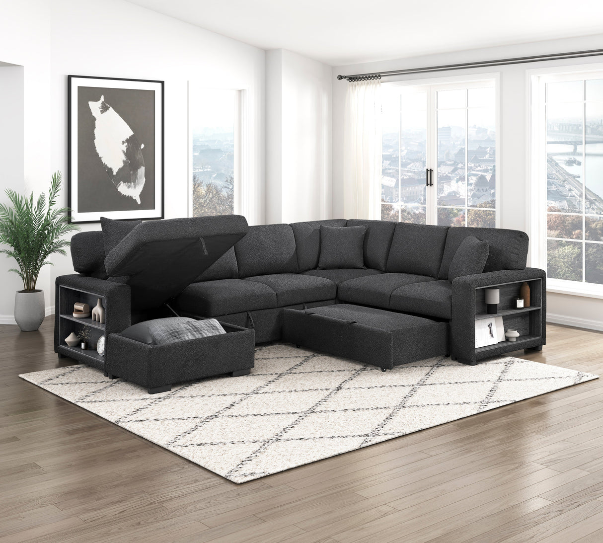 Pompano Black Boucle 4-Piece Sectional with Left Chaise and Pull-out Bed by Homelegance at Eve Furniture