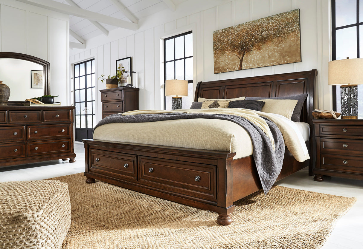 Porter Rustic Brown Sleigh Storage Platform Bedroom Set with 2 Footboard Drawers by Ashley at Eve Furniture