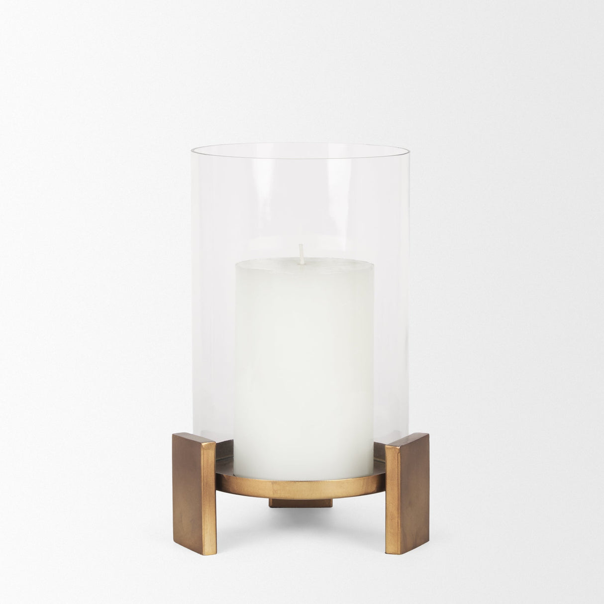 Price Small Antiqued Gold Metal w/ Glass Hurricane Candle Holder by Mercana at Eve Furniture