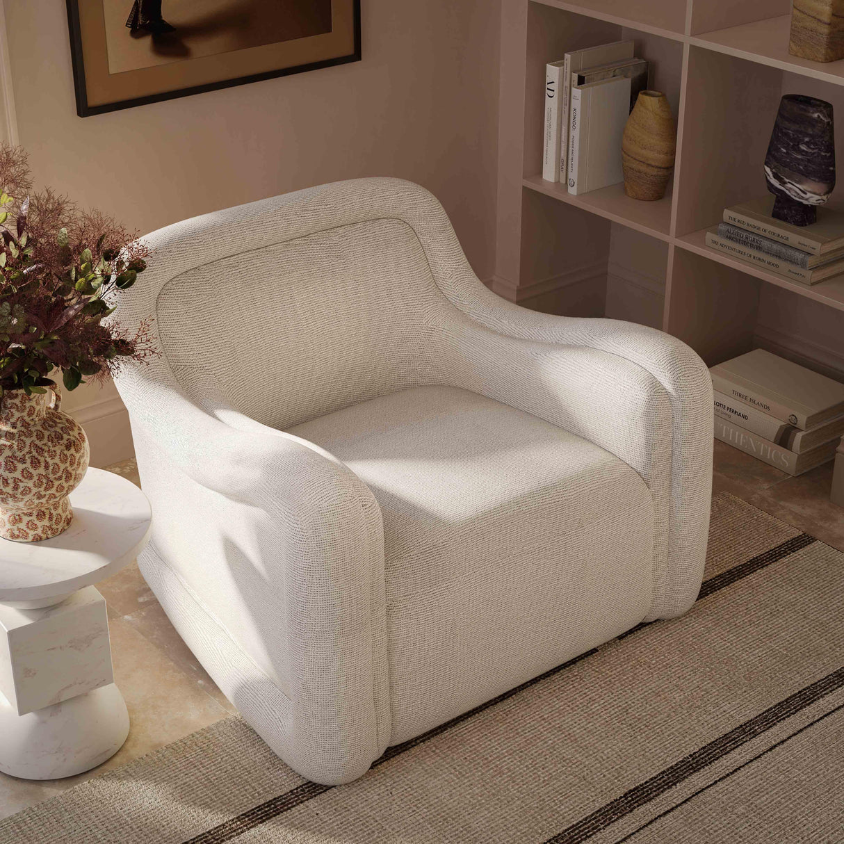 Charli Cream Basketweave Chenille Swivel Chair by TOV Furniture at Eve Furniture