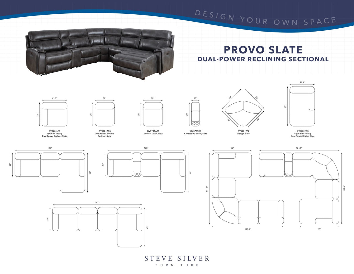 Provo Gray 6-Piece Right Arm Facing (RAF) Chaise Dual Power Reclining Sectional by Steve Silver at Eve Furniture
