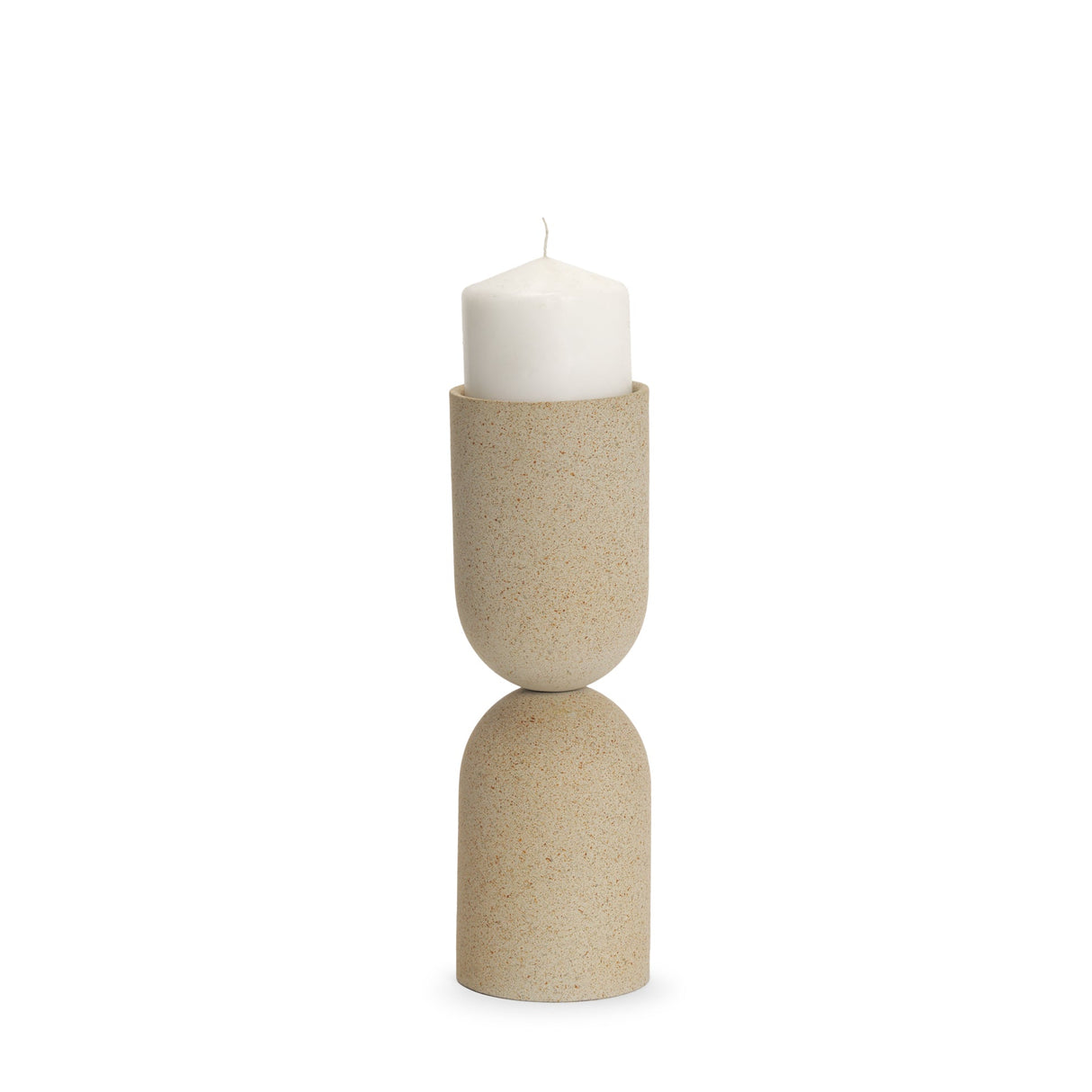 Qamra Medium Beige Textured Metal Pillar Candle Holder Candle Holder by Mercana at Eve Furniture