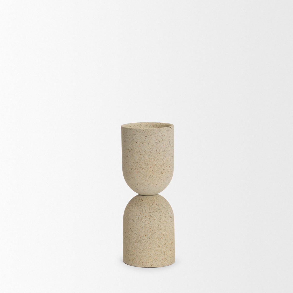 Qamra Short Beige Textured Metal Pillar Candle Holder by Mercana at Eve Furniture